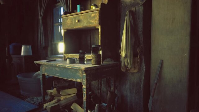 Aged shelf lined with jars and cloth, Namibia interior bathed in soft window light with stacked containers, rope and firewood suggesting everyday chores, warm
