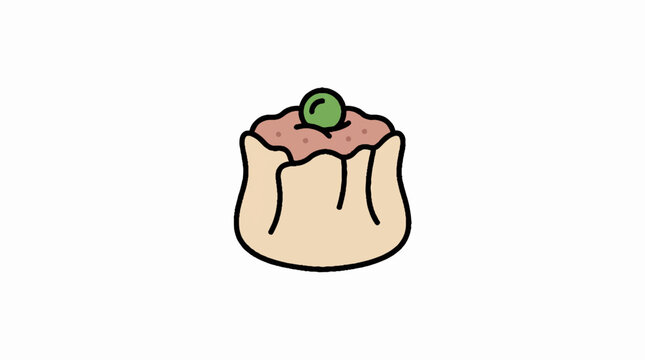 Hand-drawn illustration of a single delicious dim sum siu mai dumpling with a green pea topping
