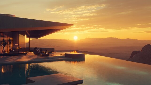 Modern luxury home with infinity pool overlooking desert landscape at sunset.