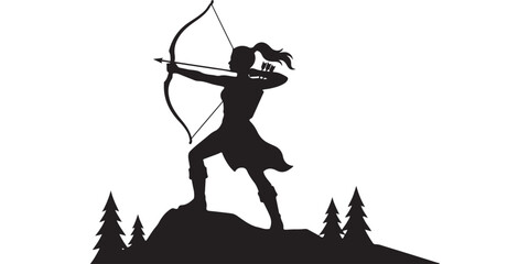 Black silhouette of woman shooting a bow and arrow on a hill © SHAHID