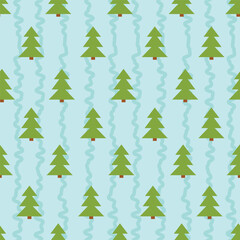 Obraz premium A seamless pattern of neat, orderly rows of identical green fir trees on a blue background with lines.