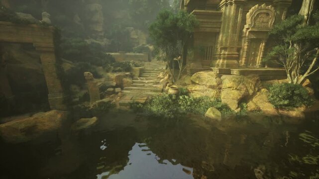 Overgrown temple ruin reflected in still water, mossy stones and dense vegetation framing misty pond, soft diffused light and humid atmosphere, evocative scene