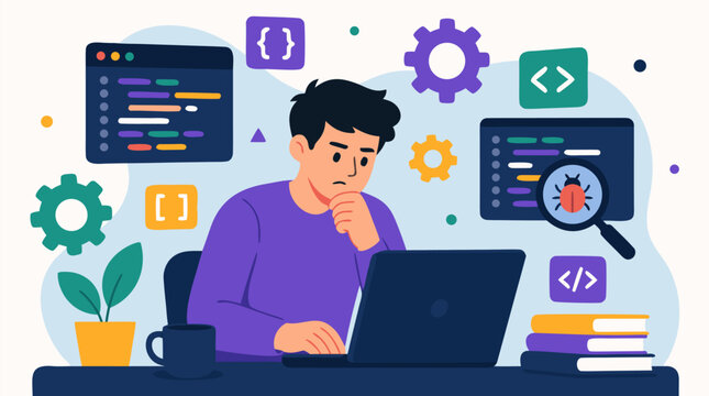 Clean flat vector illustration on a light background of a focused software developer coding on a laptop with code panels, gears and bug tools for tech training or app services.