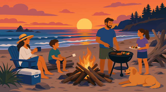 Clean flat vector illustration of a family gathering around a beach campfire at sunset with barbecue, cooler and dog, useful for vacation ads or outdoor lifestyle promotions.