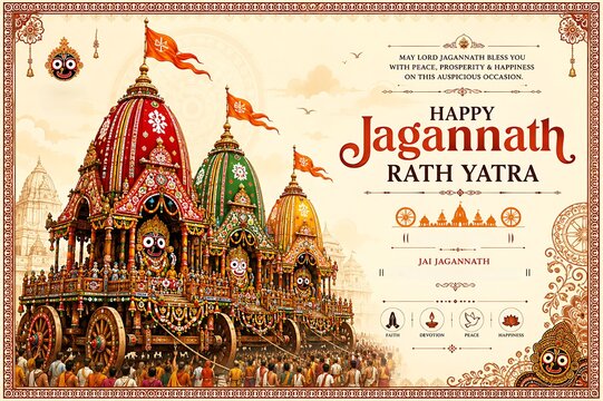 Jagannath Rath Yatra Festival Celebration with Grand Chariots and Devotees Traditional Indian Cultural Vector Illustration