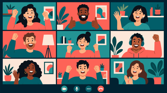 Clean flat vector illustration on a light background showing a diverse team in a video conference cheering, ideal for remote work, webinar, and online collaboration promotions.