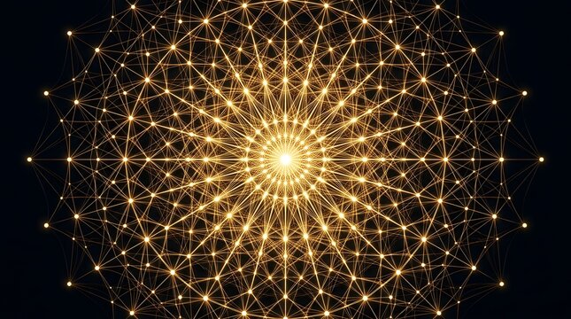 Dark abstract background featuring symmetrical pattern of glowing golden lines and dots forming complex geometric mandala radiating from bright central core, cosmic digital network and interconnectedn