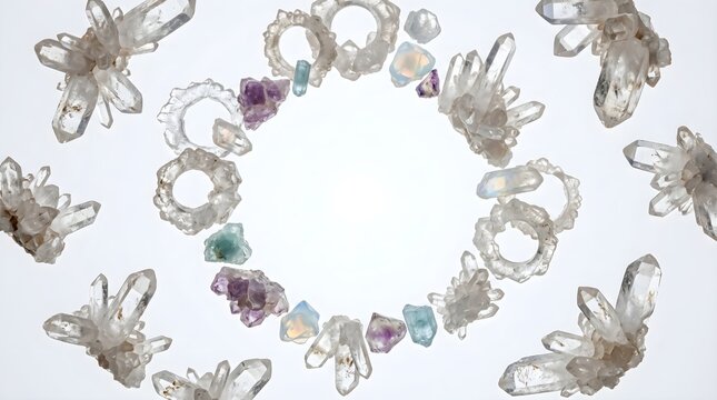 A luxurious arrangement of floating natural quartz crystal clusters, crystal rings, and colorful gemstones forming an elegant circular frame on a clean white background. This premium crystal 