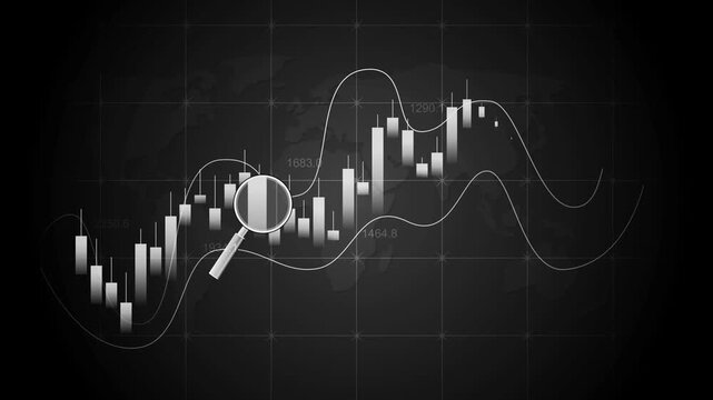Candlestick chart with magnifying glass financial analysis market trends and stock trading growth animation