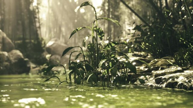Sunlit wetland flora clinging to riverbank, tangled roots and leafy shoots catching filtered light, stones slick with algae, serene smallscale riverside scene