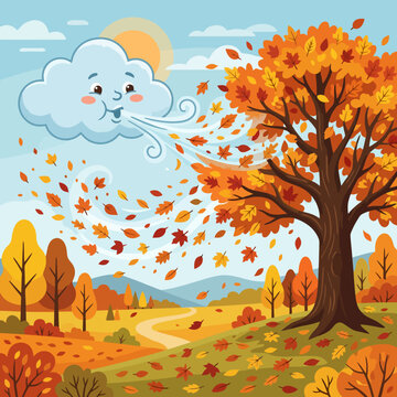 A cartoon cloud blows autumn leaves from a colorful forest tree