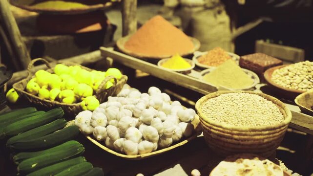 Minimalist arrangement of grains and spices clean composition featuring baskets of grains, small mounds of powders and scattered cucumbers, shopkeeper aligning