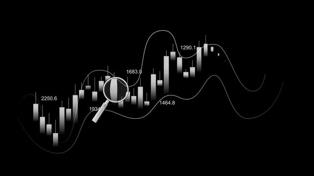 Candlestick chart with magnifying glass over market data, Financial chart with candlesticks curved lines and a magnifying glass rising market data animation