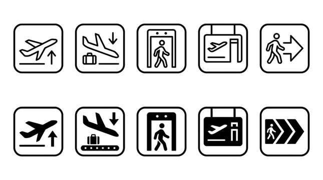 Aviation travel signage and airport procedure icons including departure luggage and security checkpoint with aviation