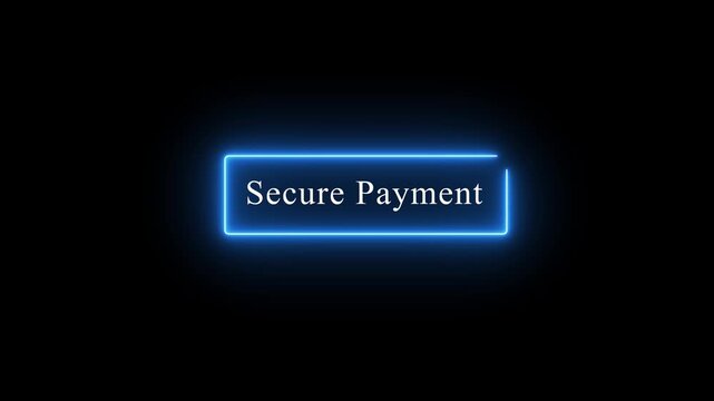 Animated neon glowing secure payment button with electric blue light effects on a deep black background, for modern e-commerce, websites, digital financial, transactions, checkout interfaces