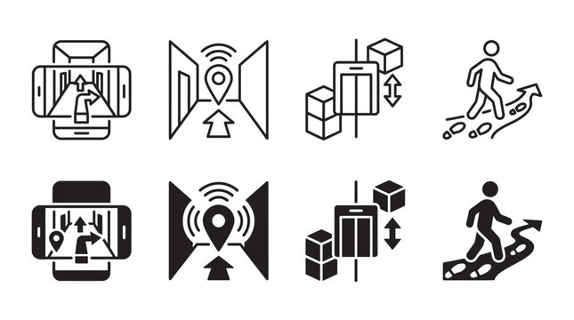 Indoor navigation and wayfinding icons set featuring digital maps elevator access and walking path direction, navigation
