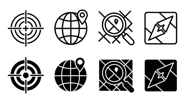 Set of geographic location and mapping navigation icons showing target globe search pin and compass orientation