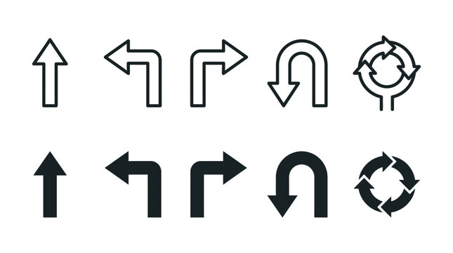Directional navigation arrows and road path sign icons set with u turn direction navigation movement wayfinding