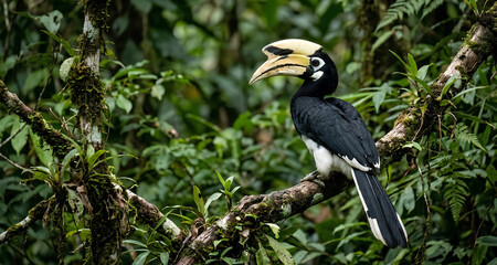 Obraz premium Wild Oriental Pied Hornbill perched on a tree branch in its natural habitat