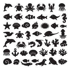Fototapeta premium Ocean creatures icons, sea animal silhouettes, marine life symbols, black vector icons set