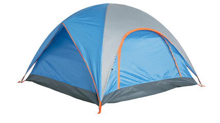 Blue and grey dome tent with orange trim © Aisling