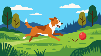 Fototapeta premium A clean flat vector illustration on a light background shows a happy dog running after a red ball in a green park landscape, perfect for pet care, play, or outdoor activity marketing.