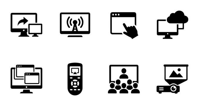 Digital Technology Icons: Screen Sharing, Broadcasting, Remote Control, Cloud Computing, Presentation, and Video Conferencing Vector Set
