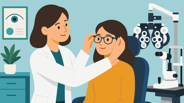 Clean flat vector illustration on a light background showing an optometrist examining a seated patient with eye care equipment, useful for clinic and vision service promotions.