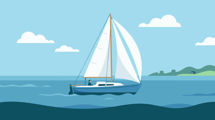 Fototapeta premium Clean flat vector illustration of a sailboat with white sails crossing calm blue water near a distant coast, ideal for travel, leisure, or nautical marketing.