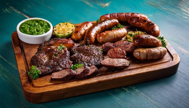 argentinian asado with grilled meats chorizo and chimichurri sauce served on a wooden board