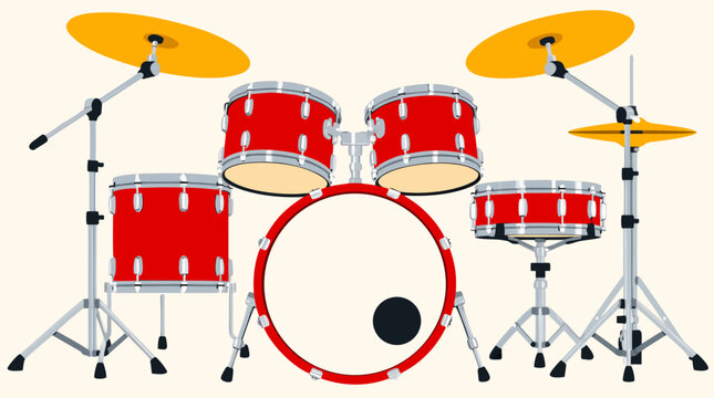 A clean flat vector illustration presents a red drum kit with cymbals, toms, snare, and bass drum on a light background for music lessons or band promotion.