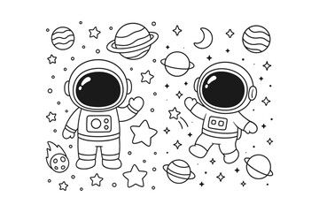 Two cute astronauts floating in space with planets and stars drawn in a simple black and white line art style © BWKit
