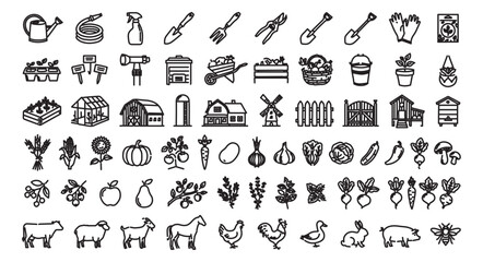Obraz premium Minimalist gardening and farming icon set, 60 black outline vector icons for agriculture, organic farm equipment and livestock symbols