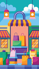 Naklejka premium Shopping bags and shops on a street during daytime with a padlock symbol in vector illustration style