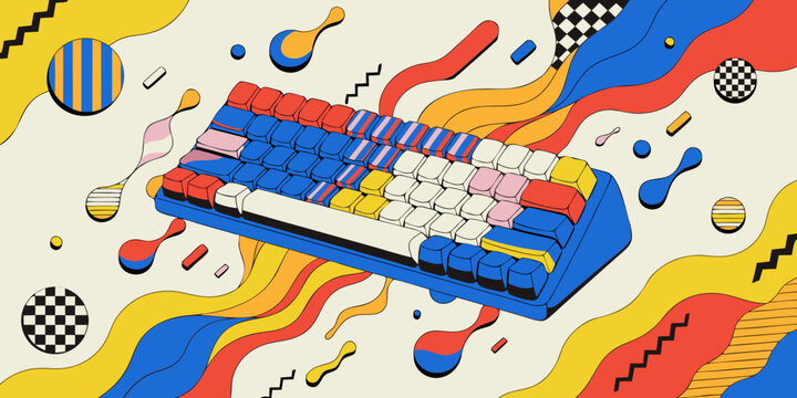Mechanical keyboard with colorful keys and abstract background elements abstract art keyboard illustration computer keyboard design abstract shapes digital illustration technology illu