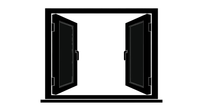 Minimal black silhouette icon, simple flat vector, bold black shape, no gradients, no shading open window with two casements on a, flat icon style