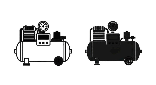 Minimal black silhouette icon, simple flat vector, bold black shape, no gradients, no shading air compressor icon set, industrial equipment for pneumatic tools on a, flat icon style