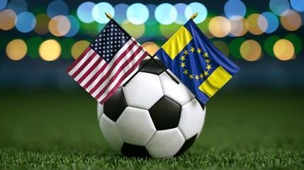 Naklejka premium Soccer ball with the flags of the USA and the European Union on a field, signifying international sports, unity, and global cooperation.