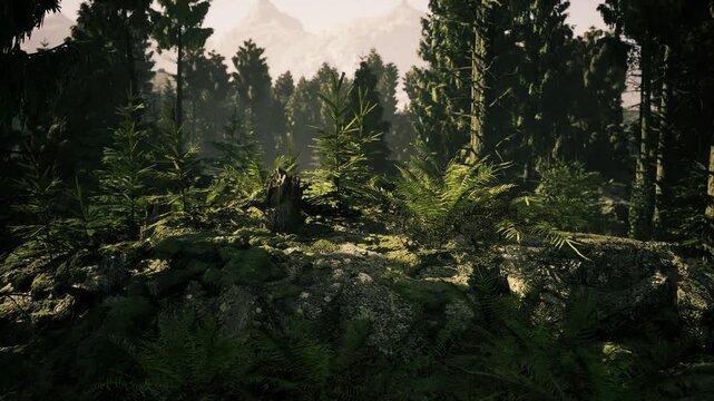 Dense pine stand with distant mountains, vertical trunks creating dramatic rhythm, filtered backlight producing rim glow and deep shadows, cool cinematic