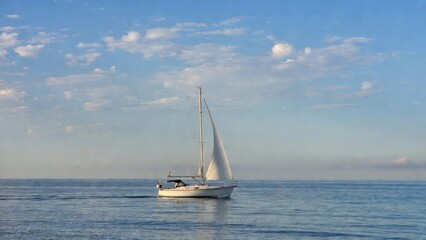 Fototapeta premium Sailboat drifting on calm sea under clear blue sky