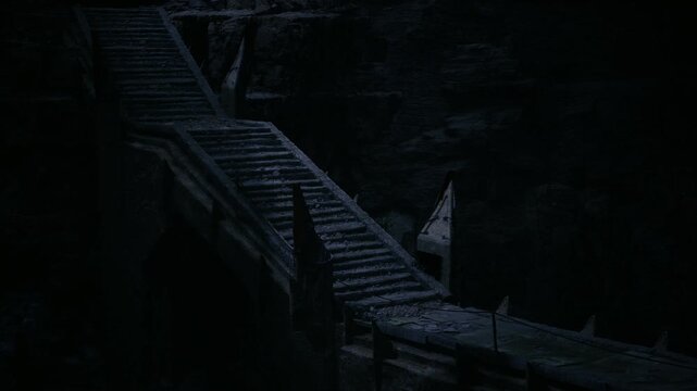 Shadowed stairway nestled in rocky alcove, faint glow from distant aperture, weathered steps lined with lichen, sense of waiting and watchful quiet