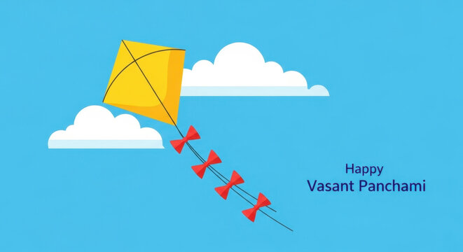 Bright yellow kite flying high against blue sky background with fluffy white clouds and festive paper bows to celebrate happy vasant panchami day.