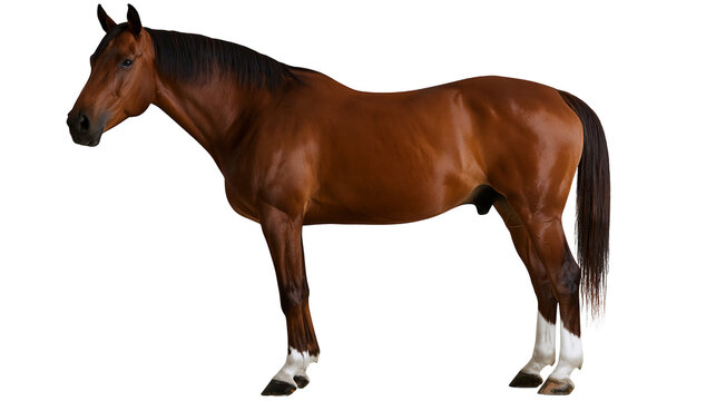 Brown horse with dark mane and white socks standing
