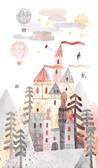 Cute castle. Сastle on the rock. Vintage style. Design for a children's room, poster, postcard.