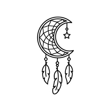 Dreamcatcher with crescent moon and feathers.