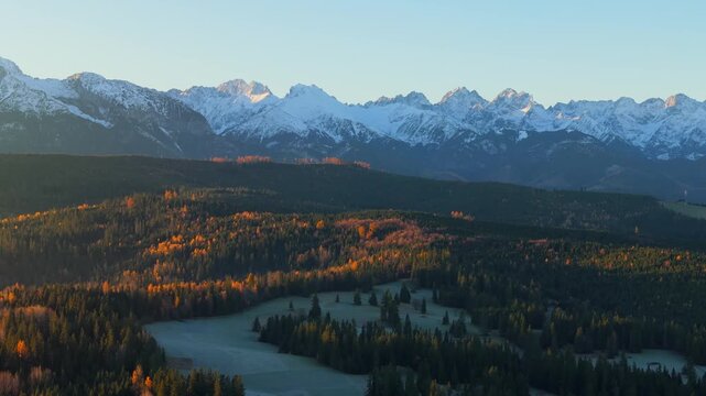 The breathtaking aerial view of beautiful nature in Tantra mountains in autumn