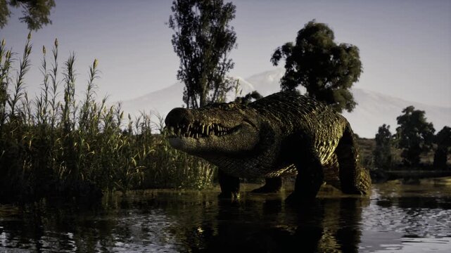 Alligator moves cautiously through shallow ripples near shoreline. Crocodile glides along grassy bank with ripples and natural camouflaging scales