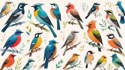 Fototapeta premium Vibrant illustration of various colorful birds on branches isolated on white background