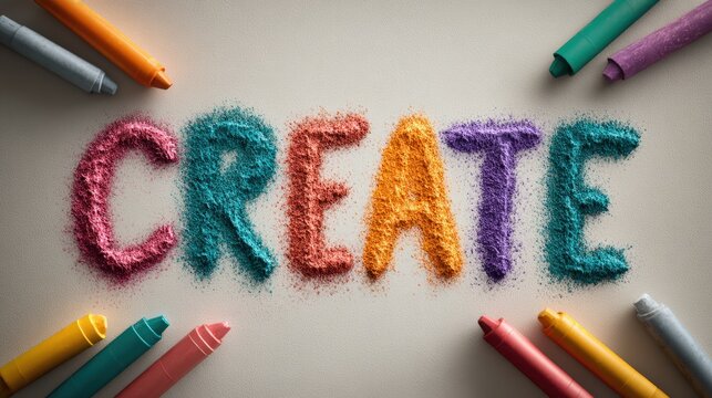 The word "CREATE" spelled out using colorful crayon shavings surrounded by broken crayons on a gray surface, artistic work text banner