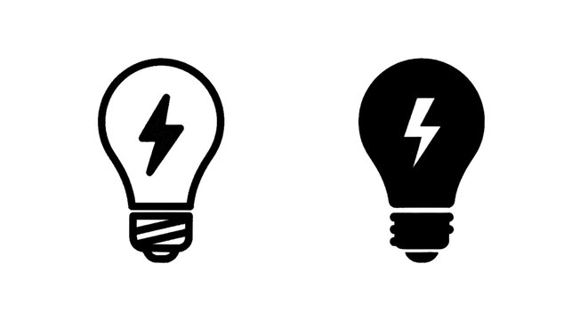 Minimal black silhouette icon, simple flat vector, bold black shape, no gradients, no shading set of light bulb icons with lightning bolt symbol inside on a, flat icon style